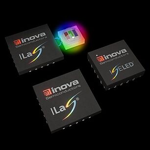 3D Ansicht eines ILaS Chips, eines ILaS Chips mit externer angekoppelter LED und eines ISELED Chips, 6th ISELED Conference, 22 October 2025, Hochhaus Süddeutscher Verlag, Munich